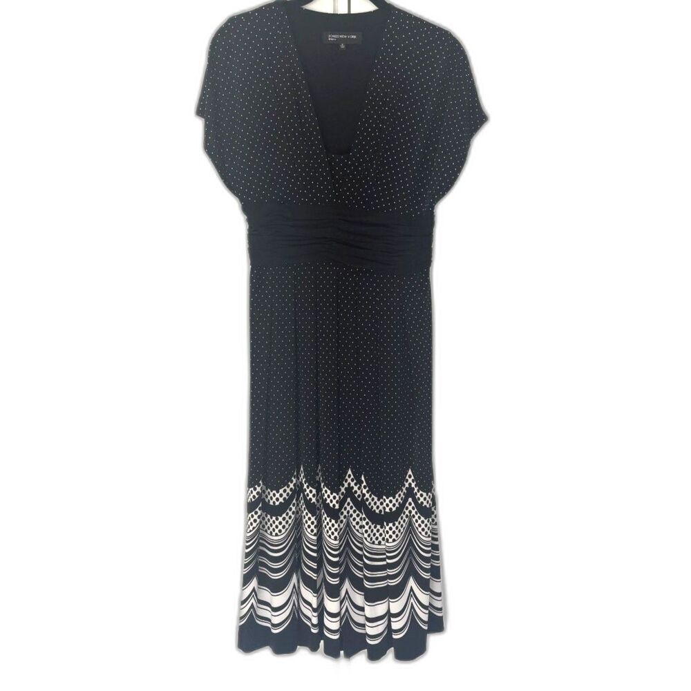 Jones New York Polka Dot Midi Dress Ruched Waist V Neck Jersey Knit Size 6